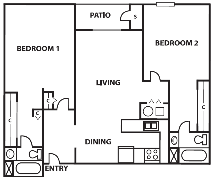 Floor plan for 2 beds, 2 baths, 1203 sqft